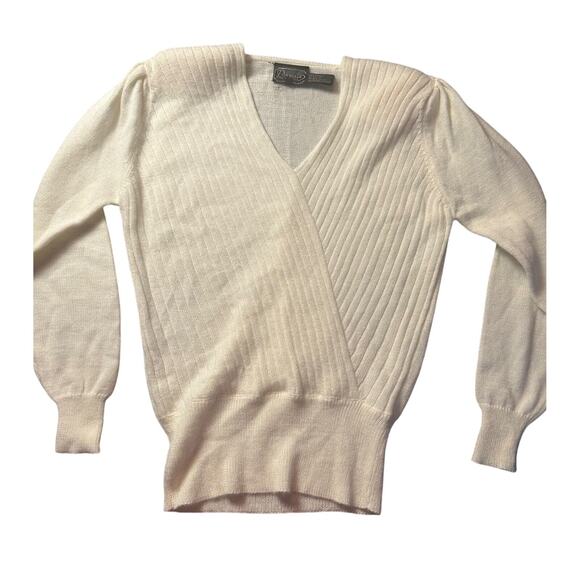 Vtg Grandma Cozy Sweater S Ribbed Knit Puff Sleeve Fitted Wrap Acrylic - Picture 1 of 8